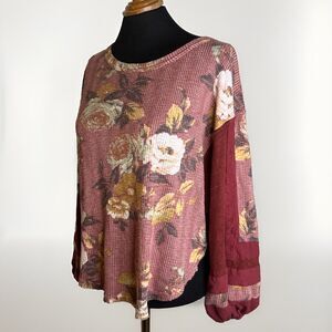 Free People Flower Patch Thermal Waffle Balloon Sleeve Top Sz XS Red Cottage